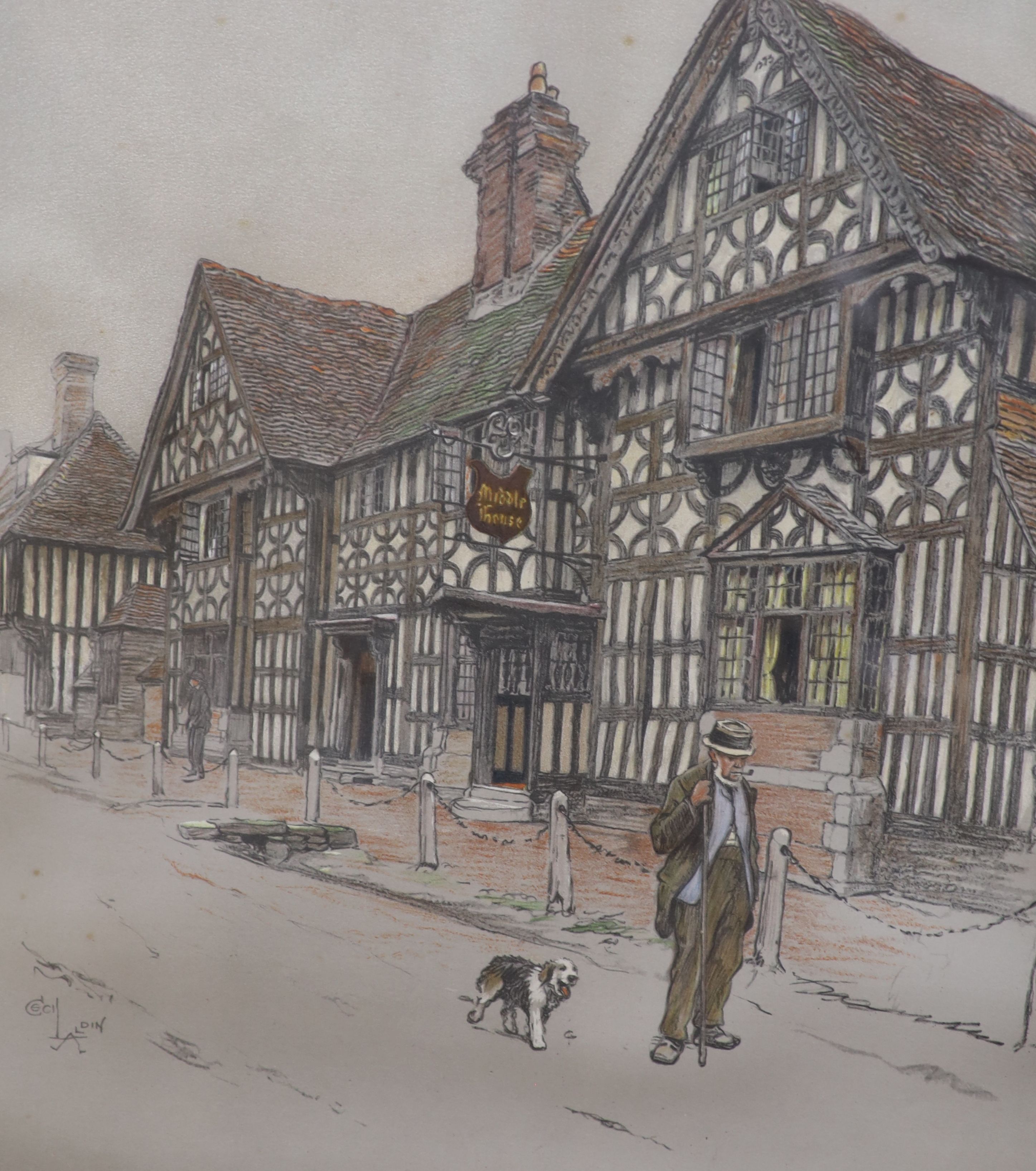 Three topographical coloured prints, including Cecil Aldin (1870-1935), 'Middle House', 39.5 x 34cm & 32 x 50